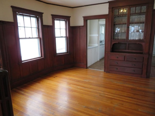 unfurnished dining area featuring light wood-type flooring, a wainscoted wall, and ornamental molding