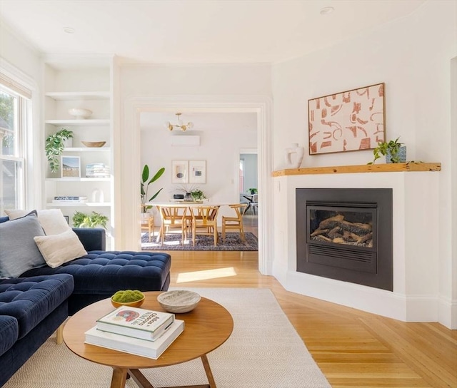 31 Kidder Ave Unit 31, Somerville, MA 02144 - living room featuring a glass covered fireplace, light wood-type flooring, and built in shelves