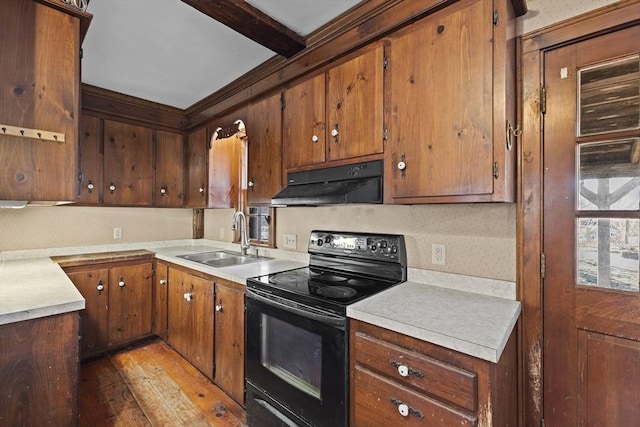 kitchen with light hardwood / wood-style flooring, black electric range, beamed ceiling, and sink