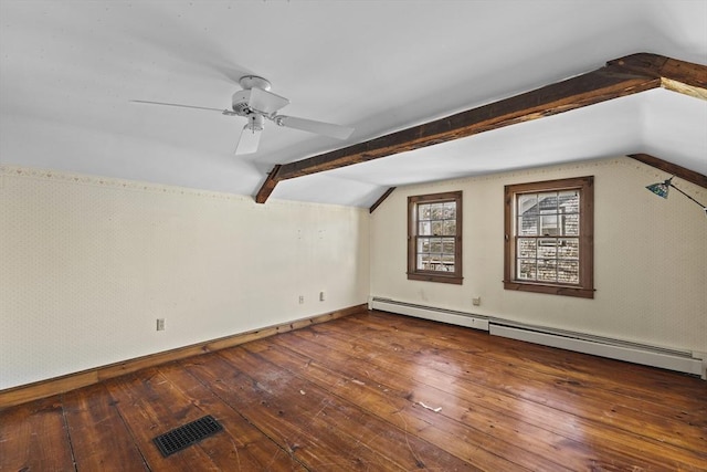 additional living space with ceiling fan, baseboard heating, lofted ceiling with beams, and wood-type flooring