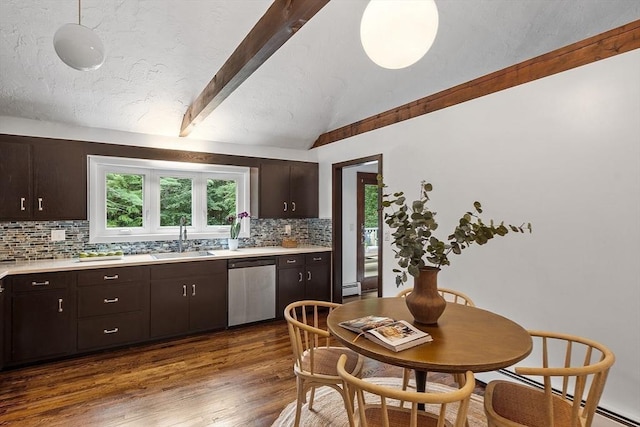 kitchen with a sink, dark brown cabinetry, light countertops, and stainless steel dishwasher