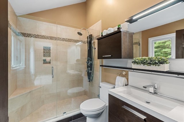 bathroom with a stall shower, vaulted ceiling, vanity, and toilet