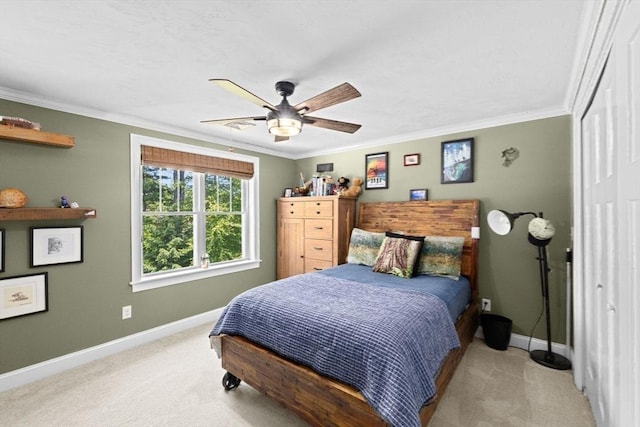 260 Beaver Dam Rd, Scituate, MA 02066 - bedroom with light carpet, ornamental molding, a ceiling fan, and a closet