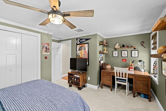260 Beaver Dam Rd, Scituate, MA 02066 - bedroom with light carpet, crown molding, ceiling fan, and an office area