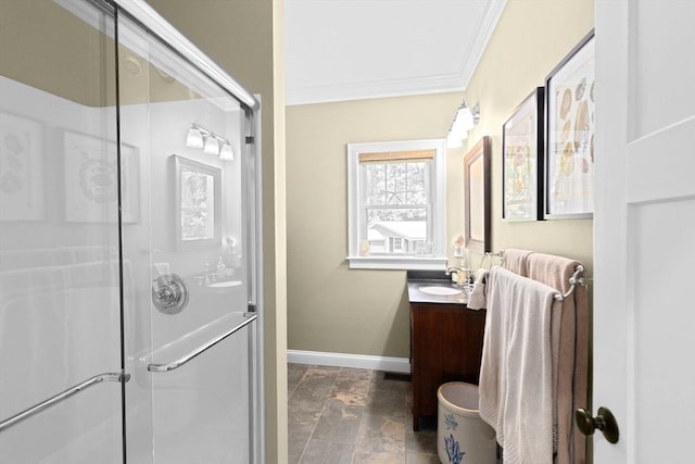 260 Beaver Dam Rd, Scituate, MA 02066 - full bath with vanity, ornamental molding, a stall shower, and stone tile flooring