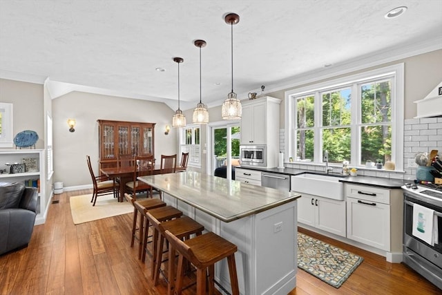 260 Beaver Dam Rd, Scituate, MA 02066 - kitchen with stainless steel appliances, decorative backsplash, crown molding, dark countertops, and a breakfast bar area
