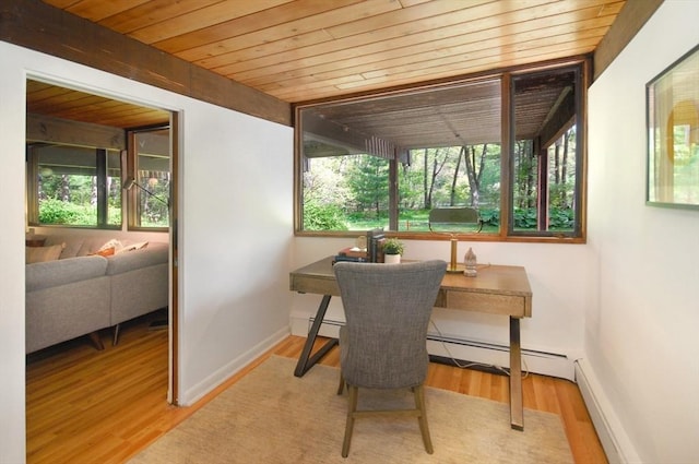 201 Annursnac Hill Rd, Concord, MA 01742 - dining room with a baseboard radiator, healthy amount of natural light, wooden ceiling, and baseboards