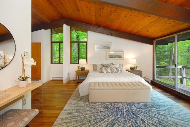 201 Annursnac Hill Rd, Concord, MA 01742 - bedroom with multiple windows, a baseboard heating unit, wood finished floors, and wood ceiling