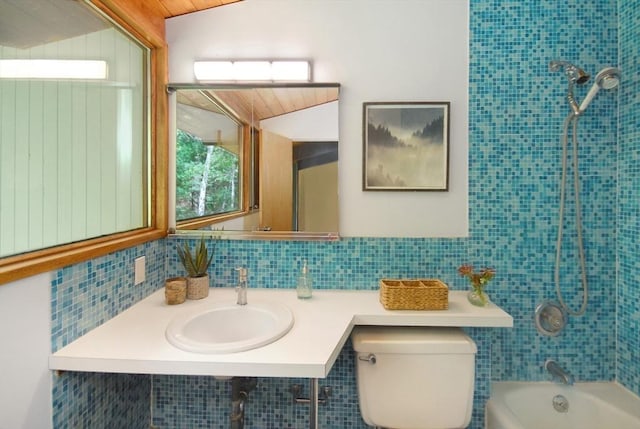 201 Annursnac Hill Rd, Concord, MA 01742 - bathroom featuring a sink, toilet, tasteful backsplash, and bathtub / shower combination