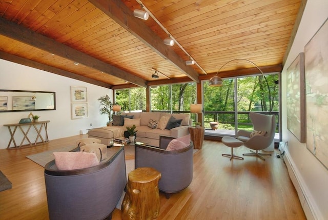 201 Annursnac Hill Rd, Concord, MA 01742 - living room featuring rail lighting, wood ceiling, baseboard heating, and wood finished floors