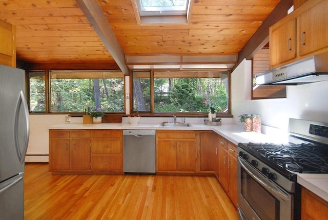201 Annursnac Hill Rd, Concord, MA 01742 - kitchen featuring appliances with stainless steel finishes, baseboard heating, under cabinet range hood, a skylight, and a sink