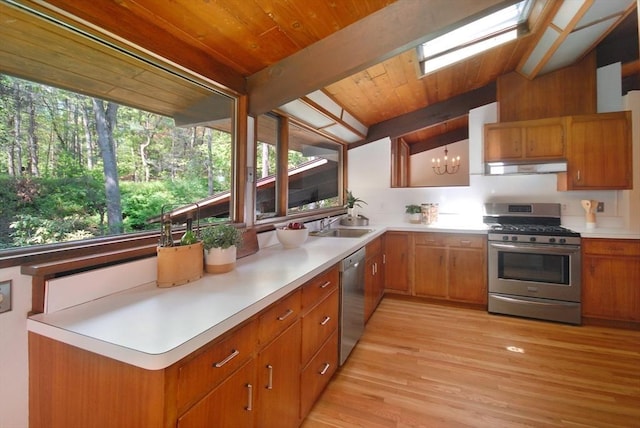 201 Annursnac Hill Rd, Concord, MA 01742 - kitchen with stainless steel appliances, under cabinet range hood, light wood finished floors, plenty of natural light, and wooden ceiling