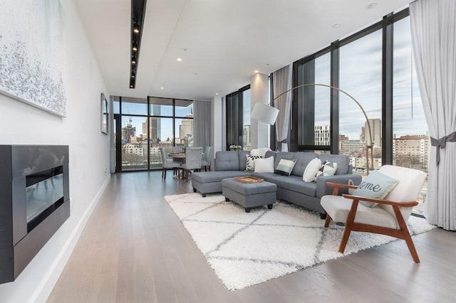 living room with a view of city, expansive windows, wood finished floors, and baseboards