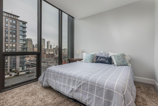 bedroom with carpet flooring, a city view, and baseboards