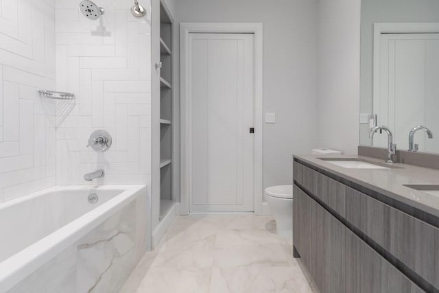 full bath featuring marble finish floor, double vanity, a closet, a sink, and a combined bath / shower with marble appearance