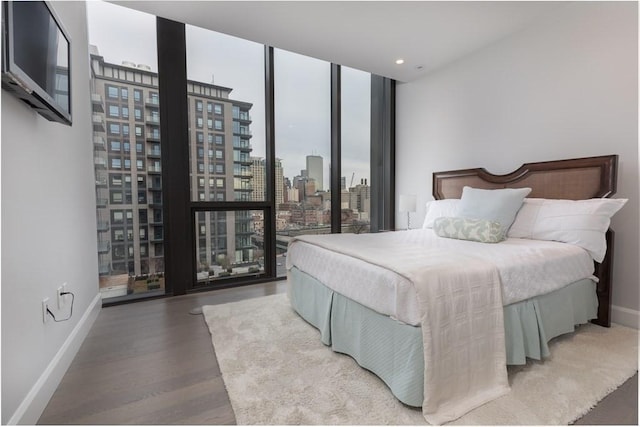 bedroom featuring floor to ceiling windows, a city view, baseboards, and wood finished floors