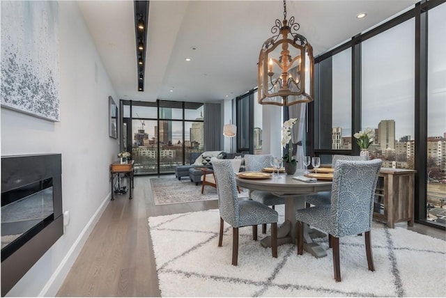 dining area with baseboards, wood finished floors, a wall of windows, a city view, and a chandelier