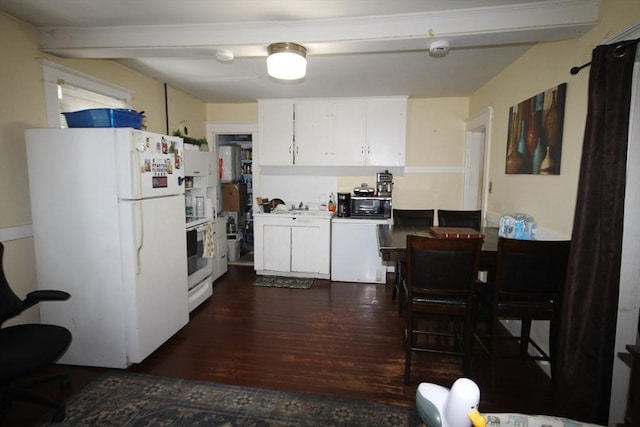 kitchen featuring light countertops, white appliances, dark wood-style floors, and white cabinetry