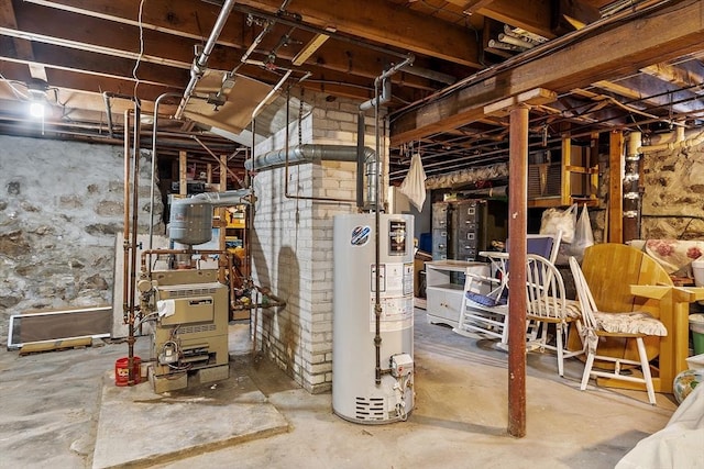 unfinished basement with a heating unit and water heater