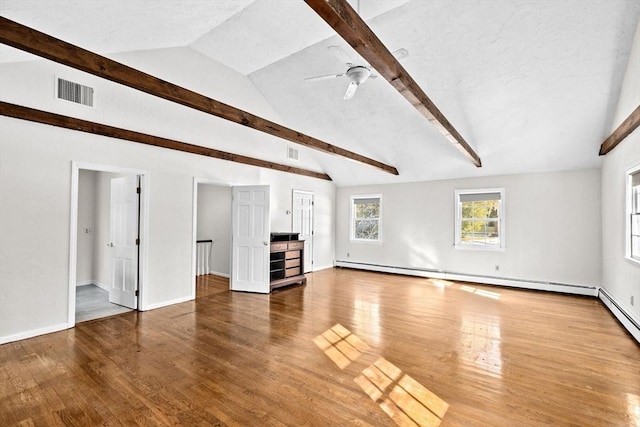 unfurnished living room featuring a baseboard heating unit, hardwood / wood-style flooring, lofted ceiling with beams, and ceiling fan