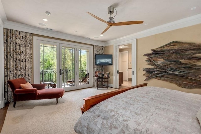 bedroom featuring access to exterior, carpet floors, ornamental molding, and ceiling fan