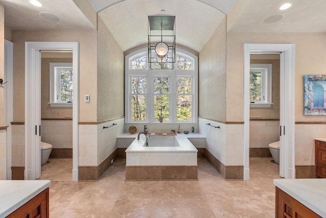 bathroom with vanity, tiled tub, plenty of natural light, and toilet