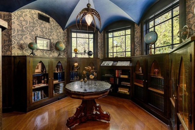 wine area featuring wood-type flooring and vaulted ceiling