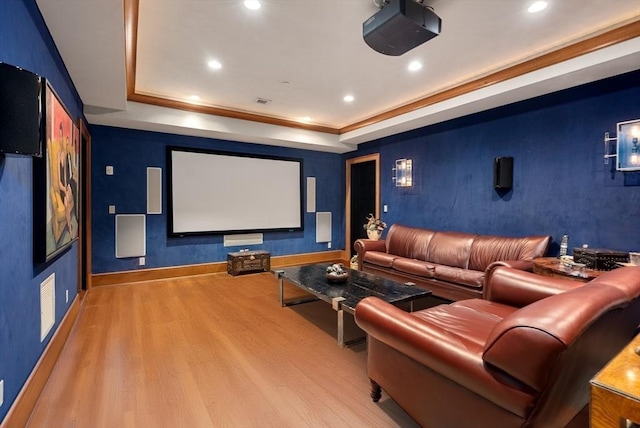 home theater room featuring a tray ceiling and light hardwood / wood-style flooring