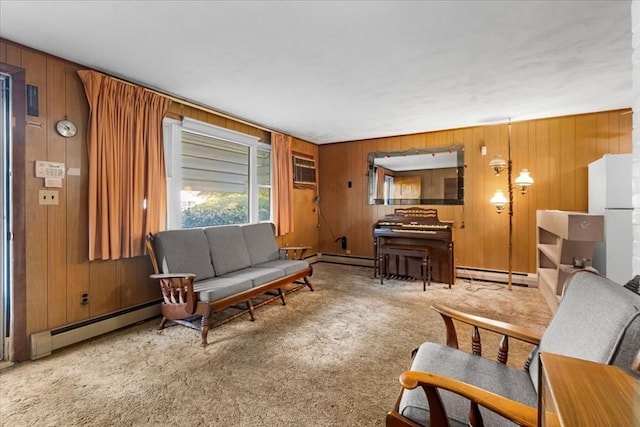 33 Clara Rd, Brockton, MA 02302 - living room featuring wood walls, a baseboard heating unit, and carpet flooring