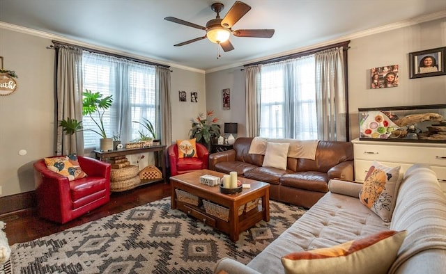 living room with crown molding, dark hardwood / wood-style floors, ceiling fan, and a healthy amount of sunlight