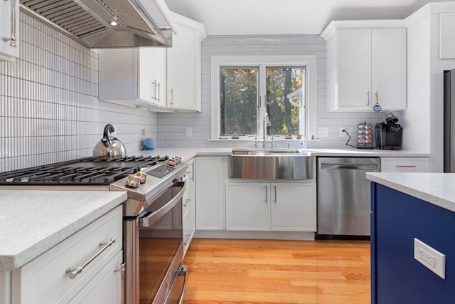 kitchen featuring premium range hood, sink, light hardwood / wood-style flooring, appliances with stainless steel finishes, and white cabinetry