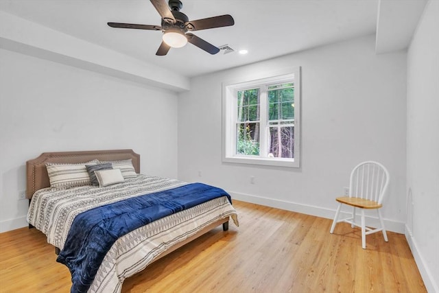 bedroom with ceiling fan and wood-type flooring