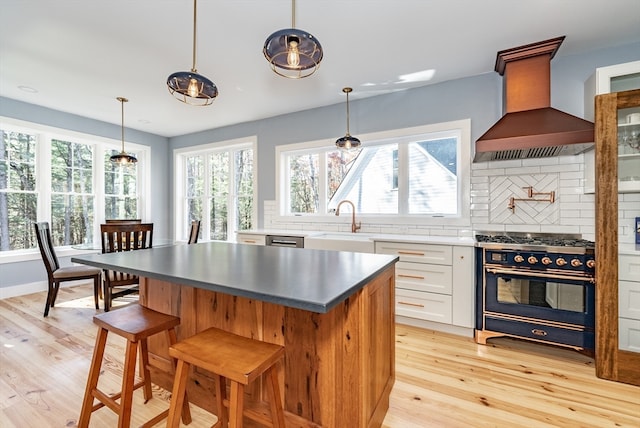 kitchen featuring white cabinetry, range with gas stovetop, light hardwood / wood-style floors, decorative backsplash, and custom range hood