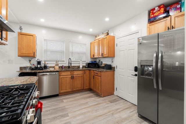 115-117 Clare Ave, Boston, MA 02136 - kitchen with stainless steel appliances, a sink, light wood-type flooring, recessed lighting, and dark stone counters
