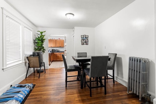 115-117 Clare Ave, Boston, MA 02136 - dining area with radiator, light wood-type flooring, arched walkways, and plenty of natural light