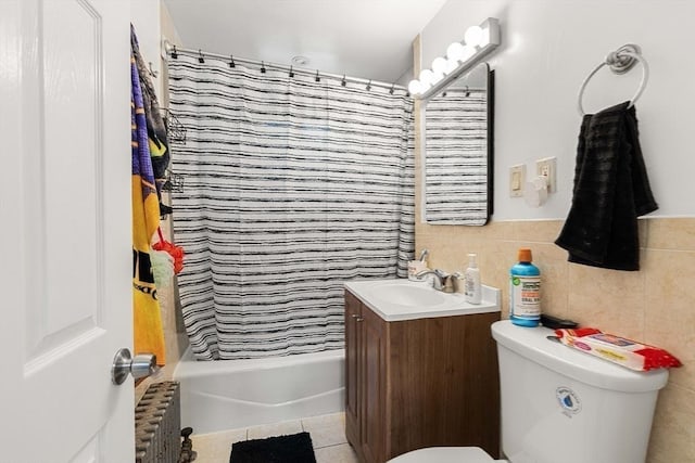 115-117 Clare Ave, Boston, MA 02136 - bathroom featuring vanity, radiator heating unit, shower / bathtub combination with curtain, toilet, and tile walls