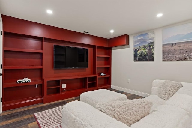 living room featuring dark wood-type flooring