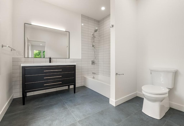 bathroom with toilet, tile patterned flooring, tile walls, and shower / bathtub combination