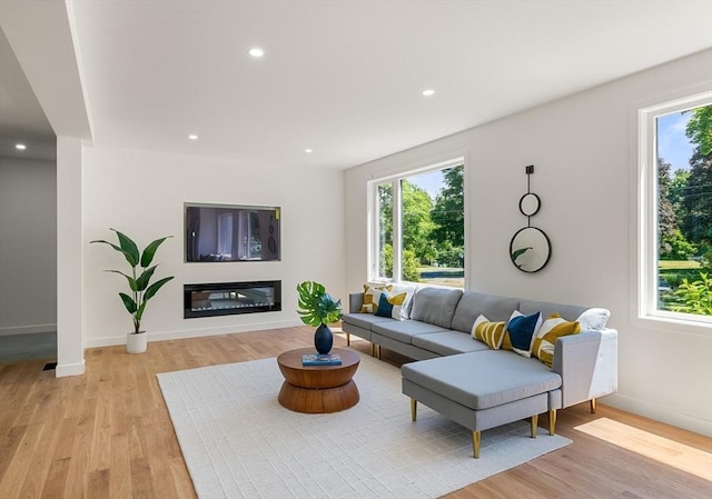 living room with light wood-style flooring, a glass covered fireplace, and a wealth of natural light