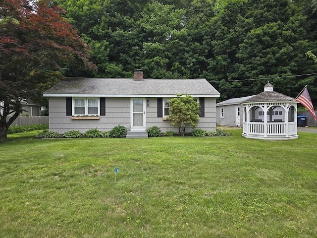 68 Lake Shore Dr, West Brookfield, MA 01585 - view of front of property with a gazebo, a chimney, a front yard, and entry steps