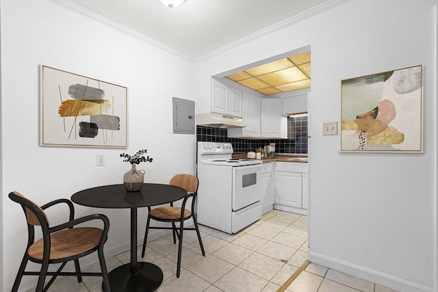 6 Arizona Ter Unit 2, Arlington, MA 02474 - kitchen with white range with electric stovetop, under cabinet range hood, crown molding, backsplash, and light tile patterned floors