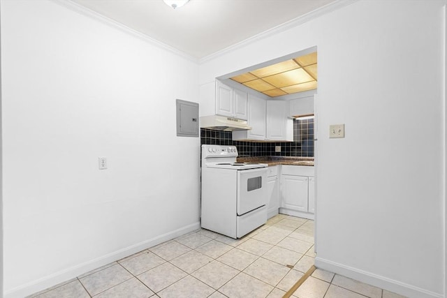 6 Arizona Ter Unit 2, Arlington, MA 02474 - kitchen featuring electric stove, under cabinet range hood, decorative backsplash, light tile patterned floors, and ornamental molding