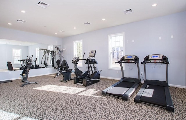 exercise room with plenty of natural light and carpet floors