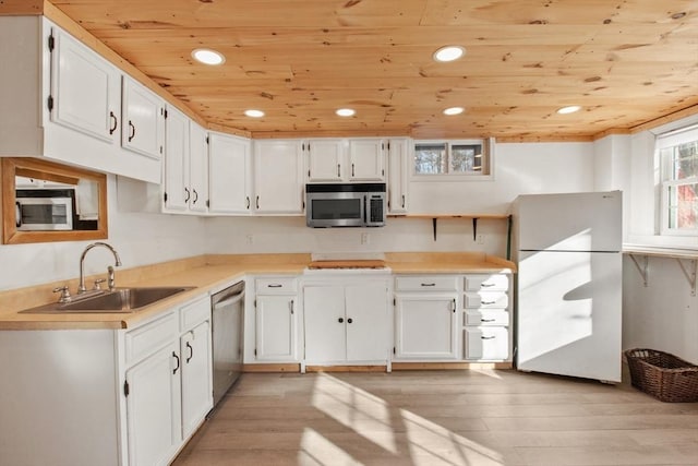 kitchen featuring wooden ceiling, stainless steel appliances, sink, and white cabinets