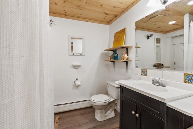 bathroom with toilet, wooden ceiling, vanity, hardwood / wood-style flooring, and a baseboard heating unit