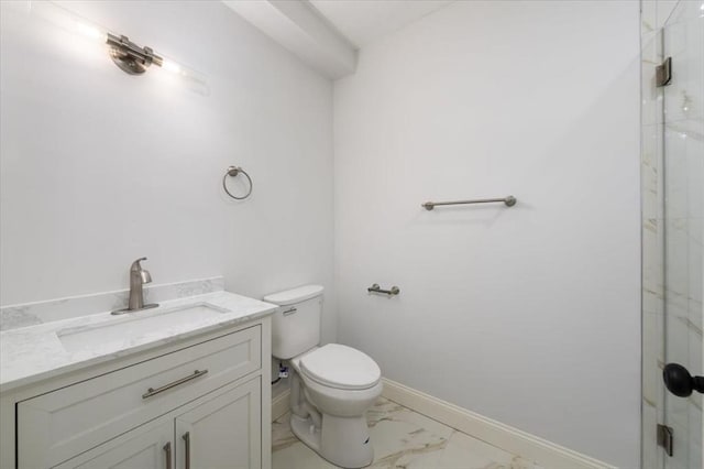 68 Putnam St, Weymouth, MA 02189 - bathroom featuring toilet, marble finish flooring, vanity, an enclosed shower, and baseboards