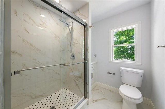 68 Putnam St, Weymouth, MA 02189 - full bath featuring marble look tile flooring, a marble finish shower, toilet, and baseboards