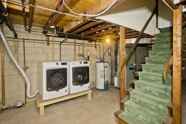 unfinished below grade area featuring stairway, heating unit, washing machine and dryer, and water heater