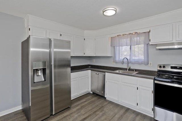 kitchen featuring a sink, stainless steel appliances, white cabinets, dark countertops, and wall chimney range hood