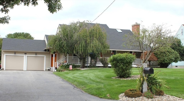 view of front of home featuring aphalt driveway, a porch, an attached garage, a front yard, and a chimney